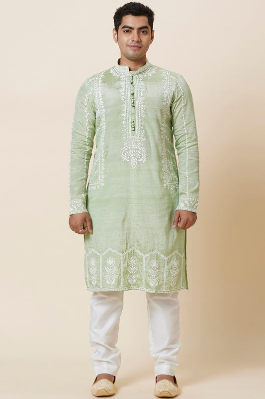 Khadi Kurta Sage Green with white thread Embroidery