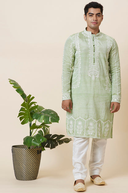 Khadi Kurta Sage Green with white thread Embroidery