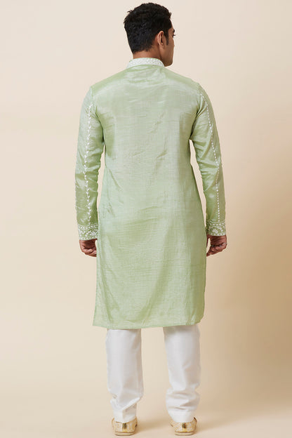 Khadi Kurta Sage Green with white thread Embroidery