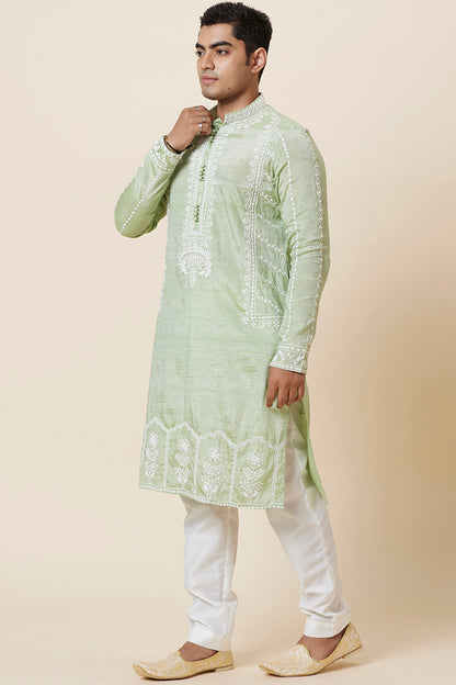 Khadi Kurta Sage Green with white thread Embroidery