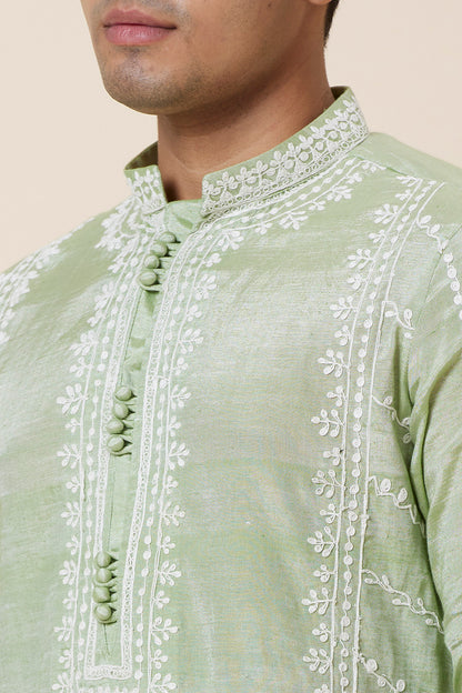 Khadi Kurta Sage Green with white thread Embroidery