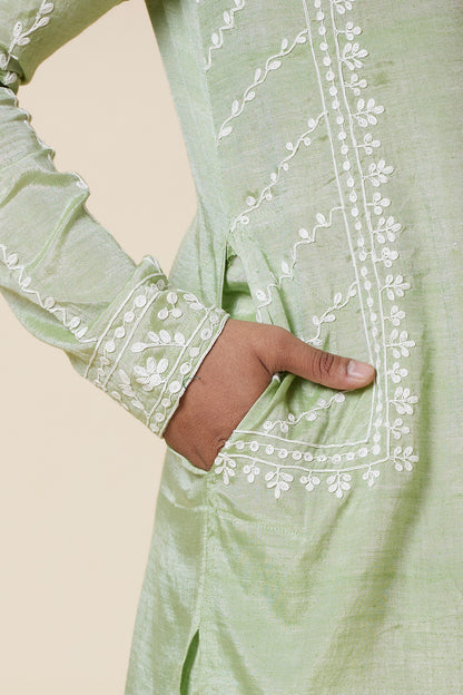 Khadi Kurta Sage Green with white thread Embroidery