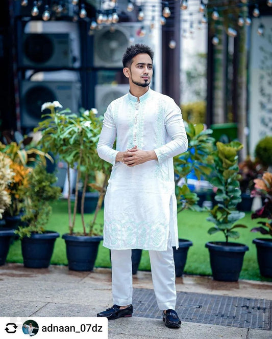 Khadi Kurta White with blue thread Embroidery