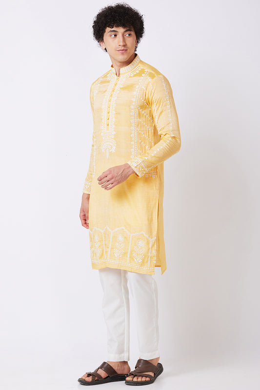 Khadi Kurta with white thread hand Embroidery