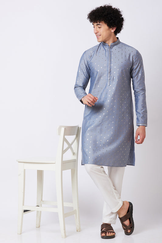 Kurta Grey with Silver foil print and embroidery on Collar and Placket