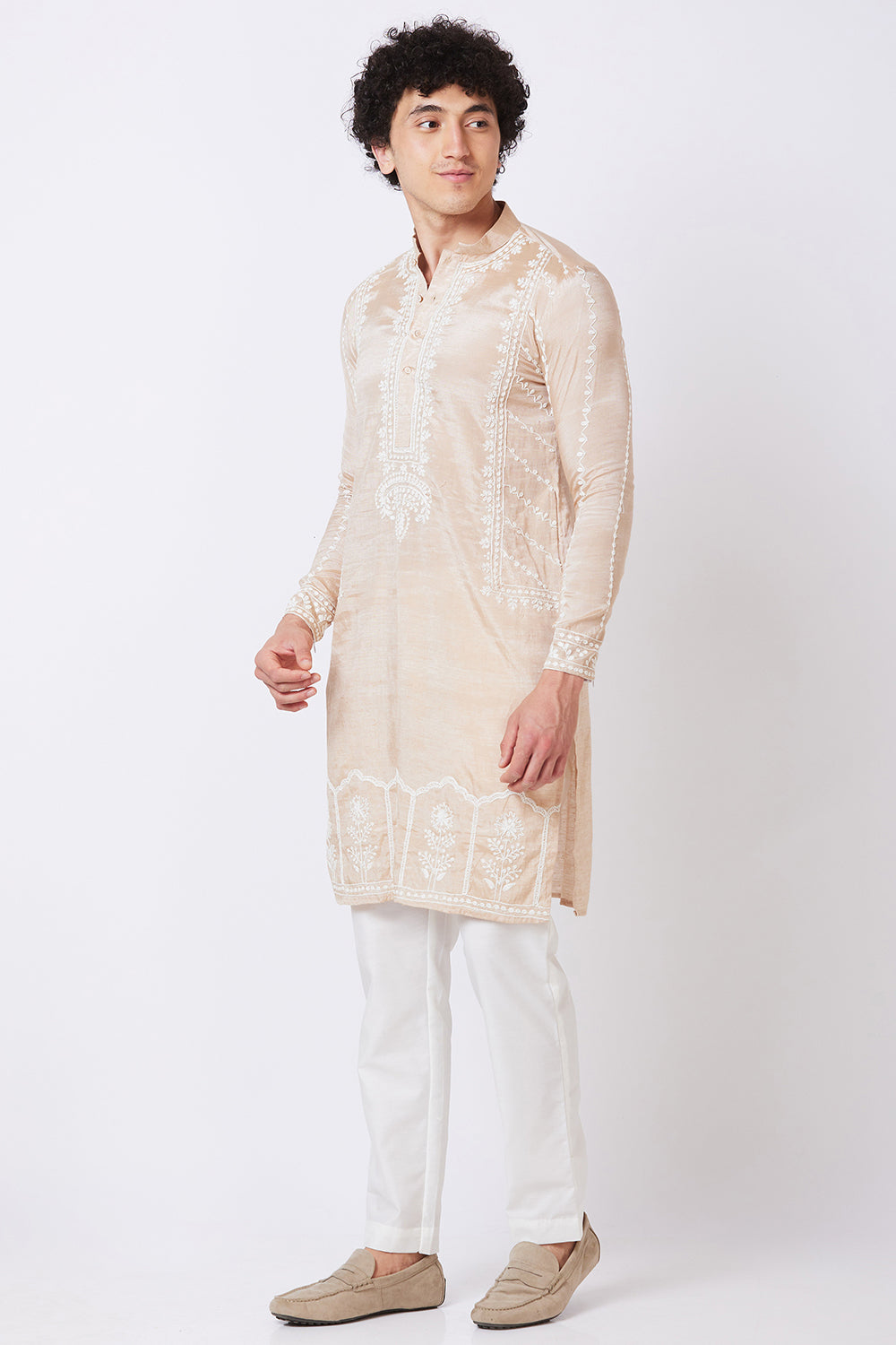 Khadi Kurta Brown with white thread hand Embroidery