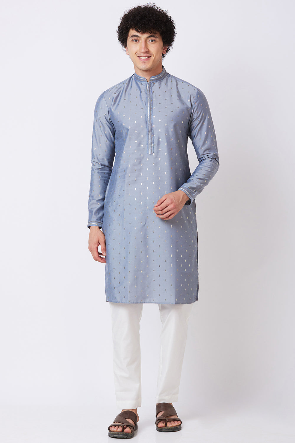 Kurta Grey with Silver foil print and embroidery on Collar and Placket