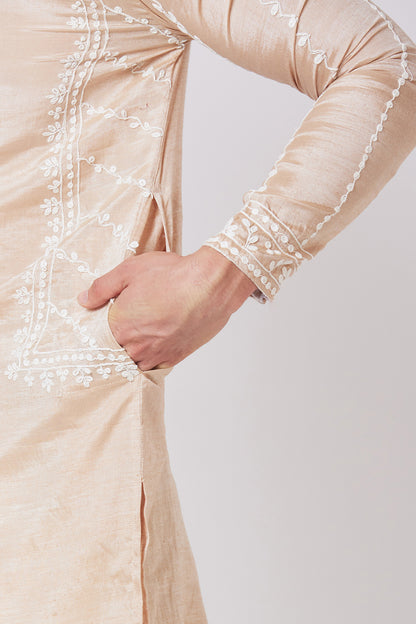 Khadi Kurta Brown with white thread hand Embroidery