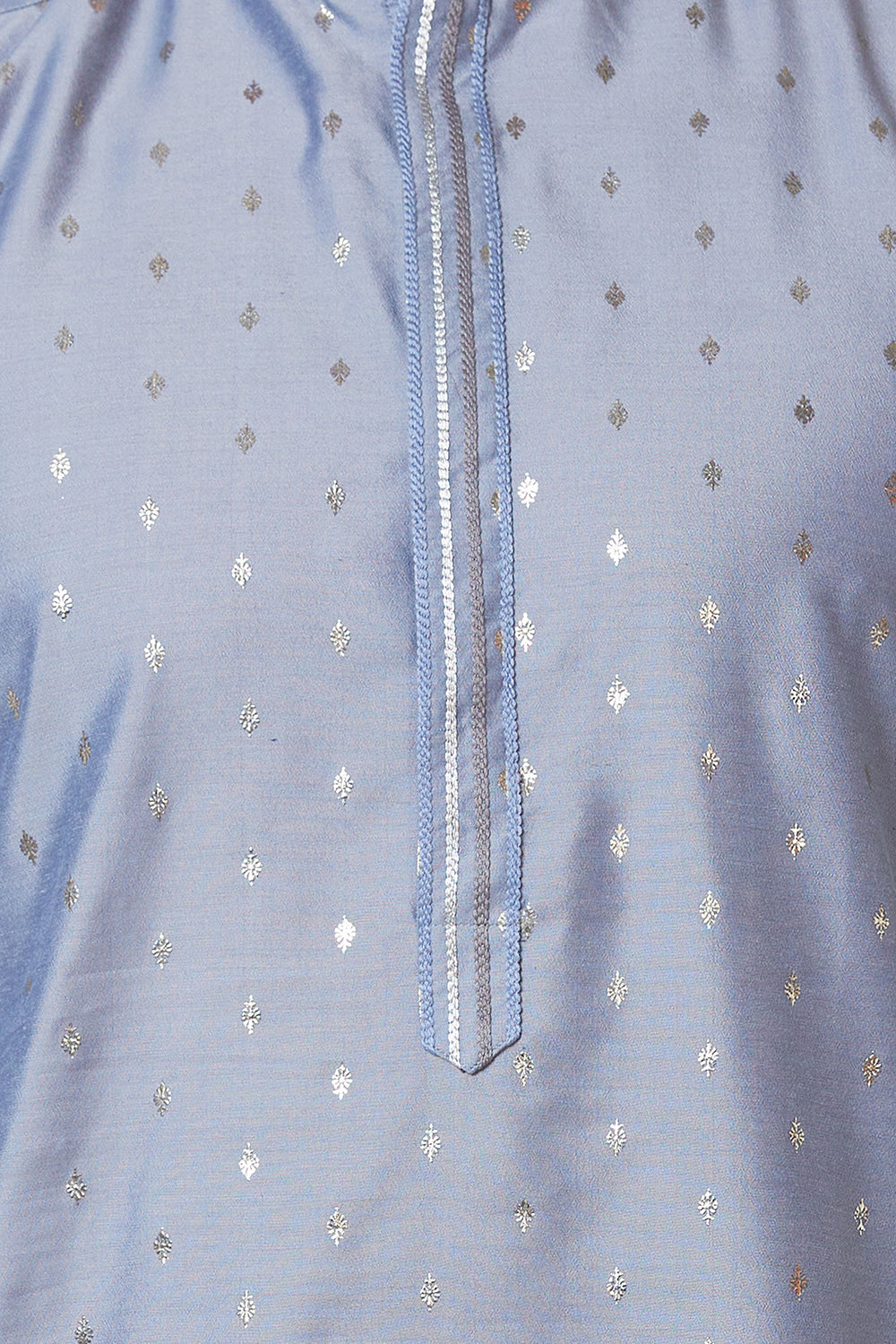 Kurta Grey with Silver foil print and embroidery on Collar and Placket