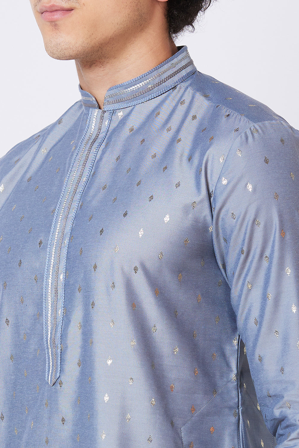 Kurta Grey with Silver foil print and embroidery on Collar and Placket