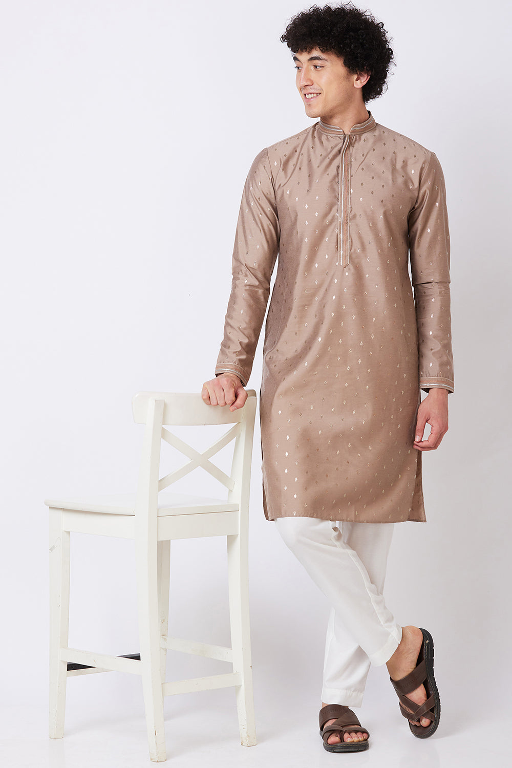 Kurta Brown with Silver foil print and embroidery on Collar and Placket