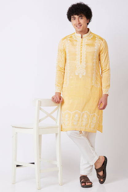 Khadi Kurta with white thread hand Embroidery