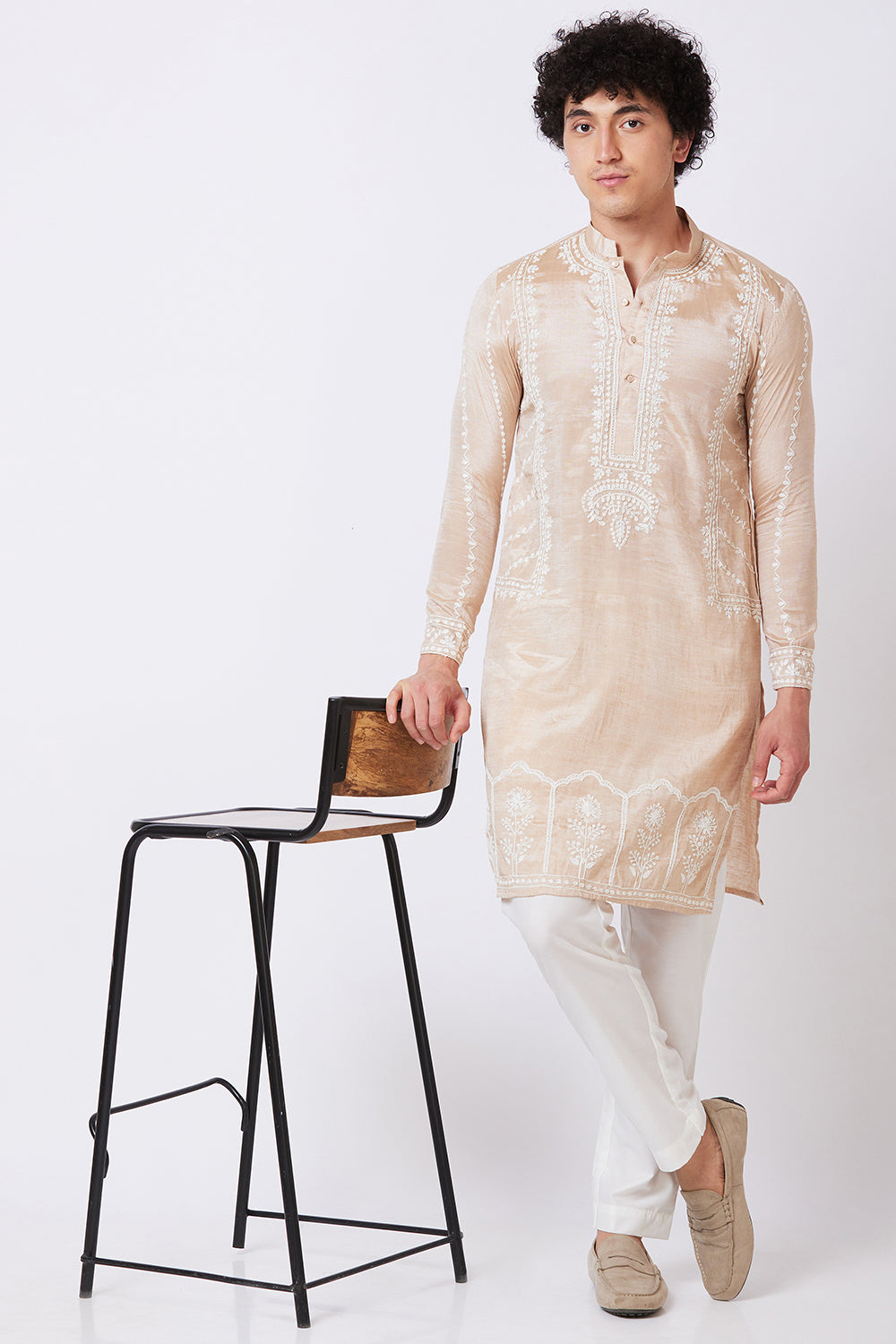 Khadi Kurta Brown with white thread hand Embroidery