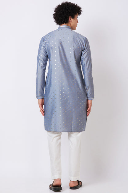 Kurta Grey with Silver foil print and embroidery on Collar and Placket