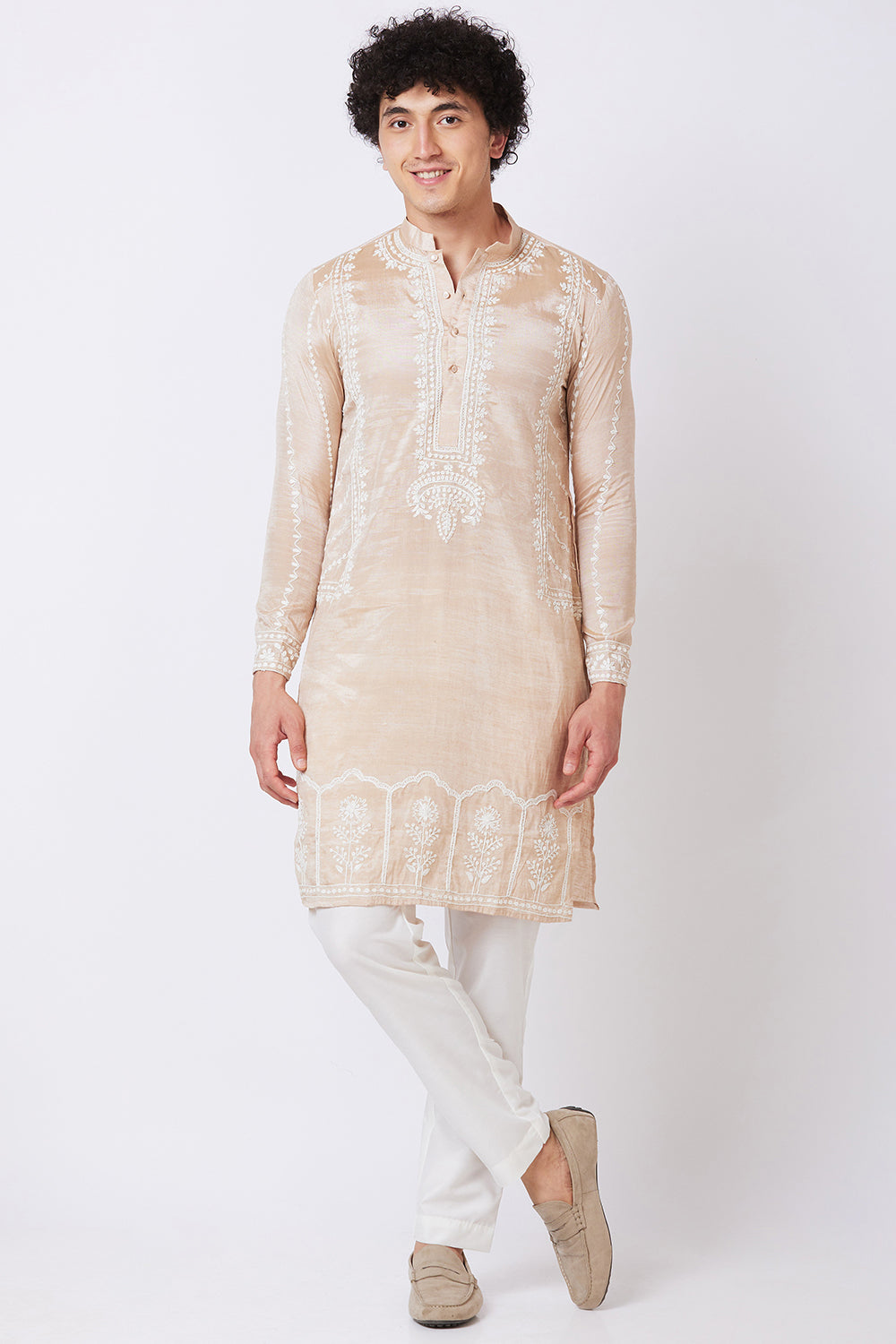 Khadi Kurta Brown with white thread hand Embroidery