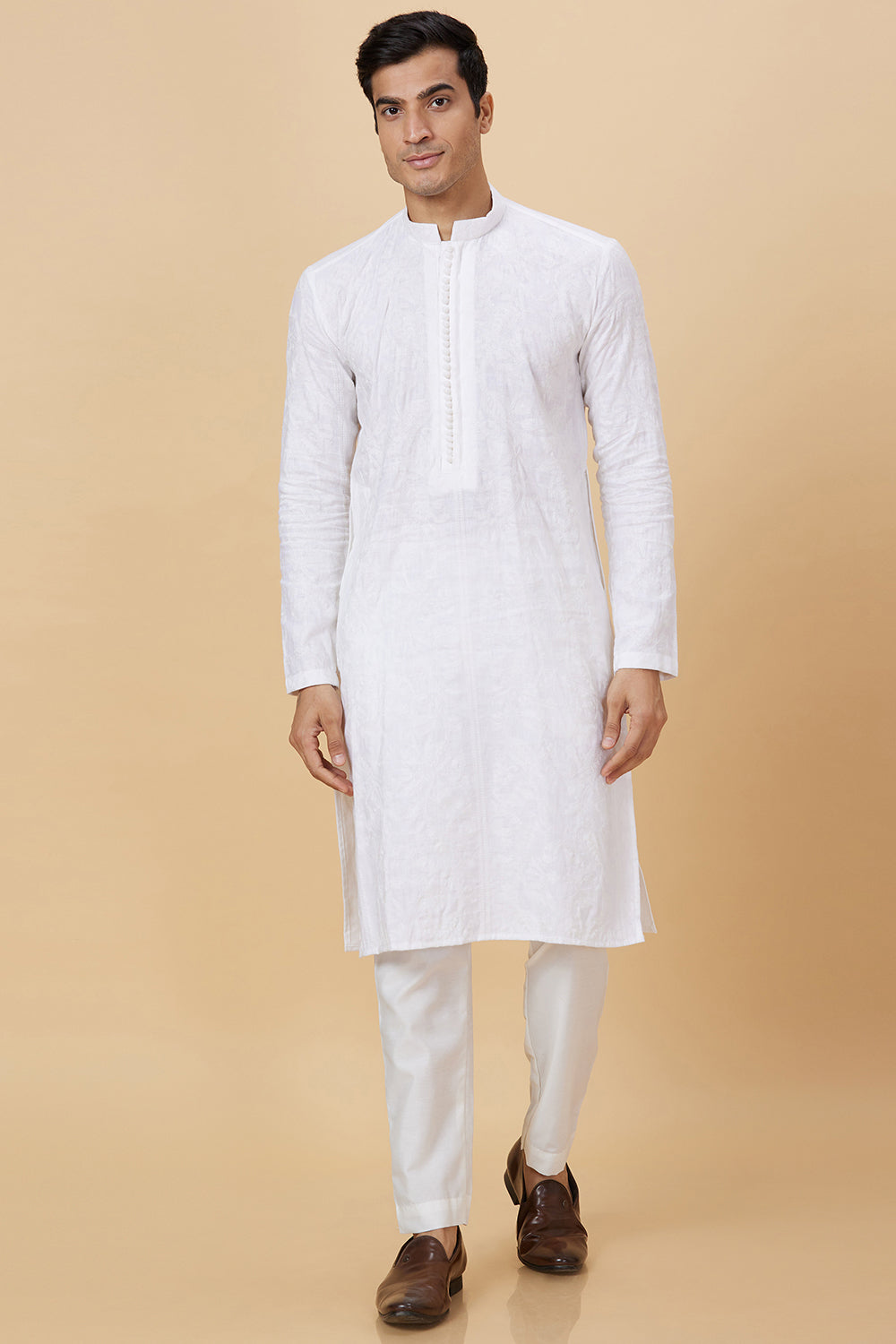 Kurta Linen White Floral Embroidery