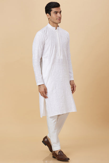 Kurta Linen White Floral Embroidery