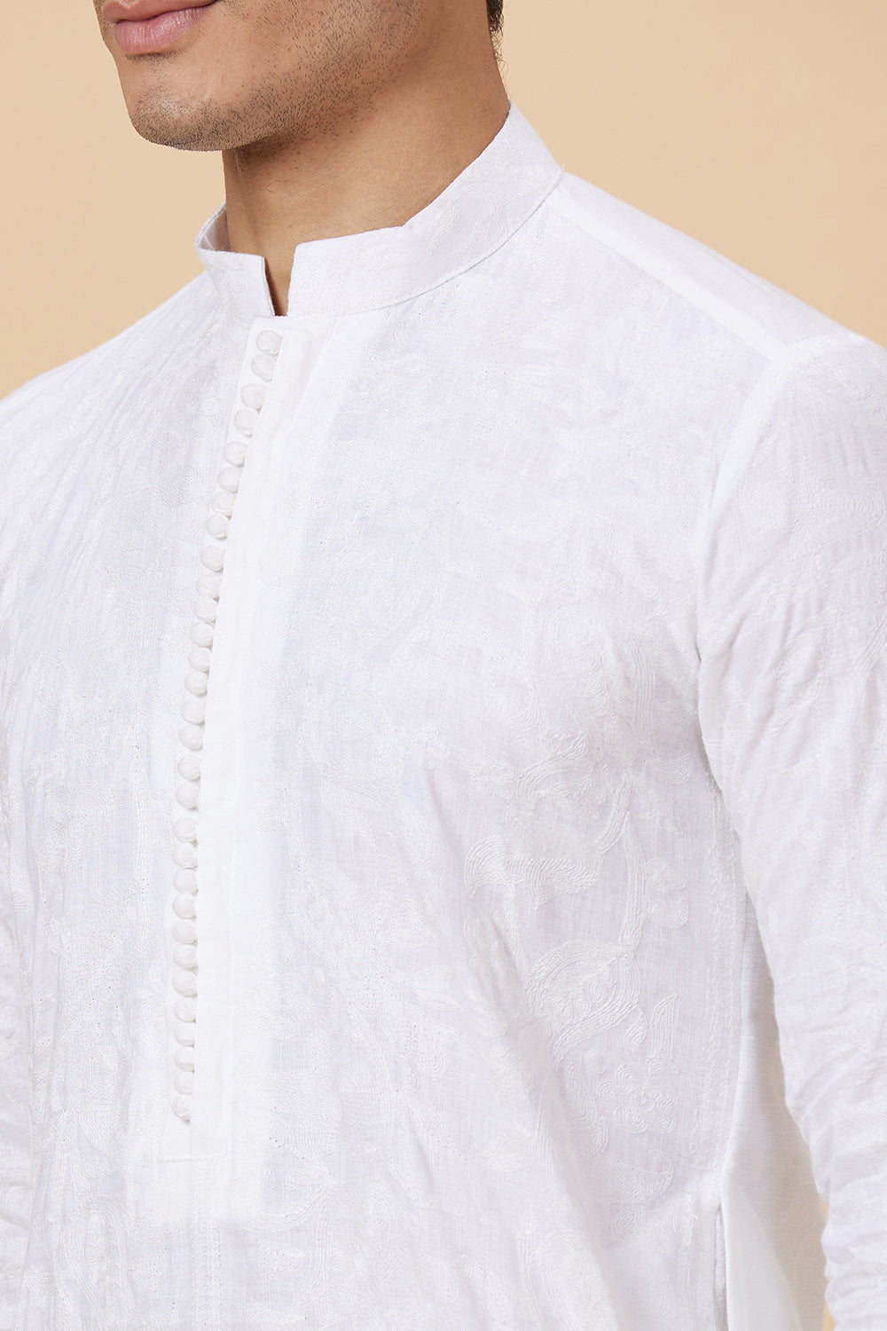 Kurta Linen White Floral Embroidery