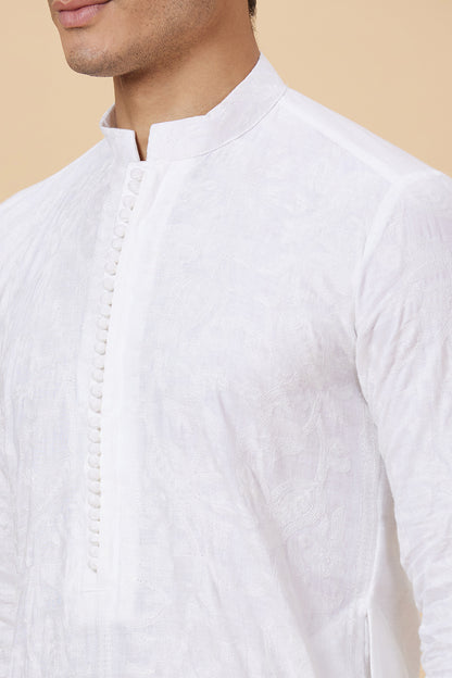 Kurta Linen White Floral Embroidery