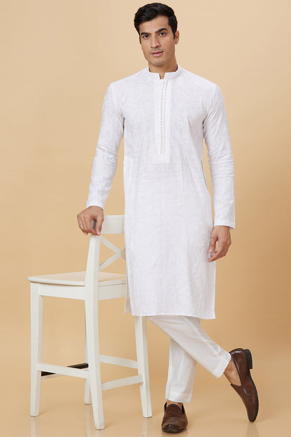 Kurta Linen White Floral Embroidery