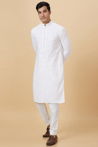 Kurta White Floral self Embroidery