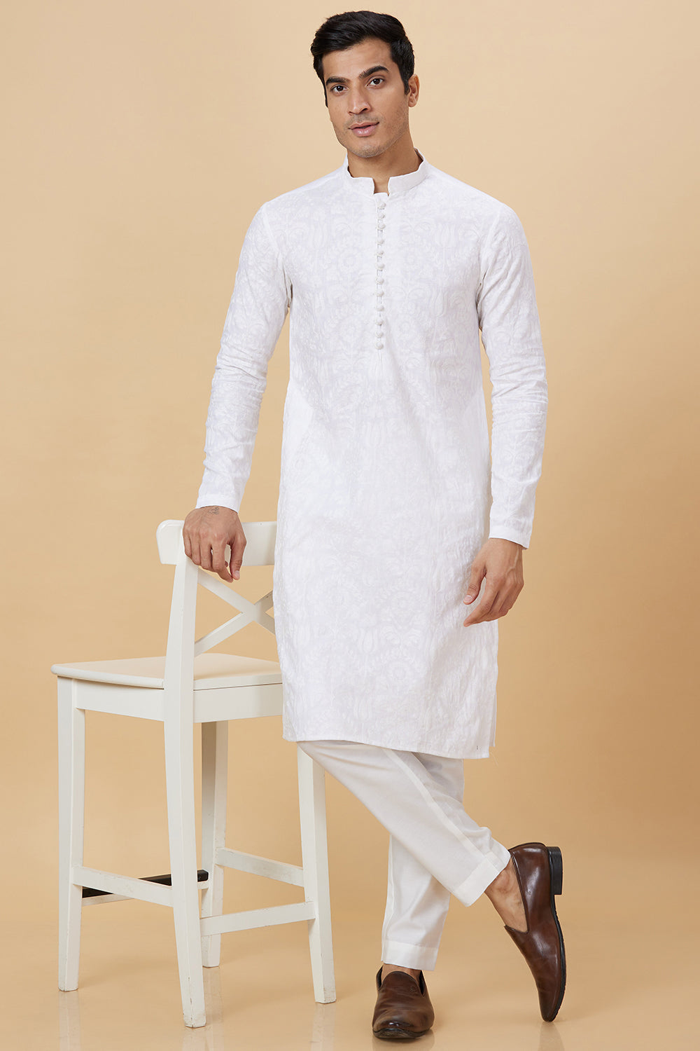 Kurta Cream Potli Button Self-Embroidery