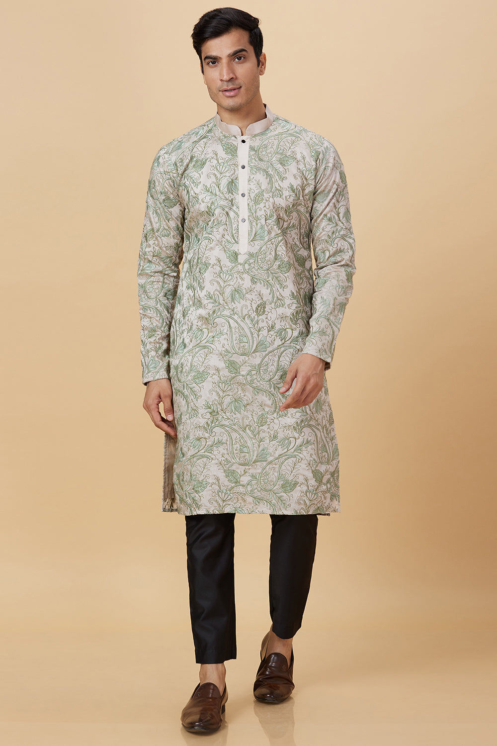 Kurta Ivory Green Thread All over Embroidery