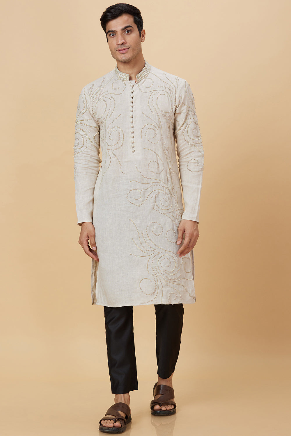 Kurta Linen Cream French Knot Embroidery