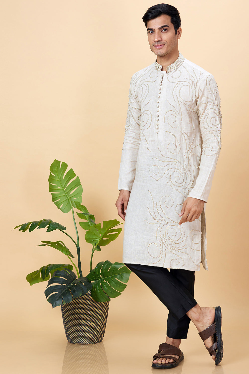 Kurta Linen Cream French Knot Embroidery