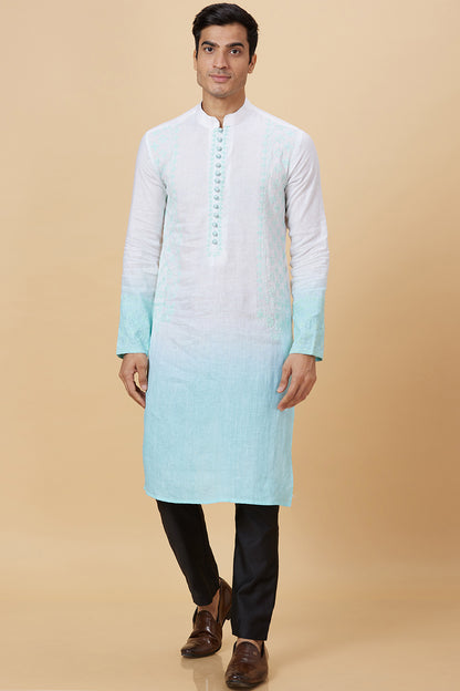 Kurta with hand Embroidery on Placket and sides with white/blue ombre