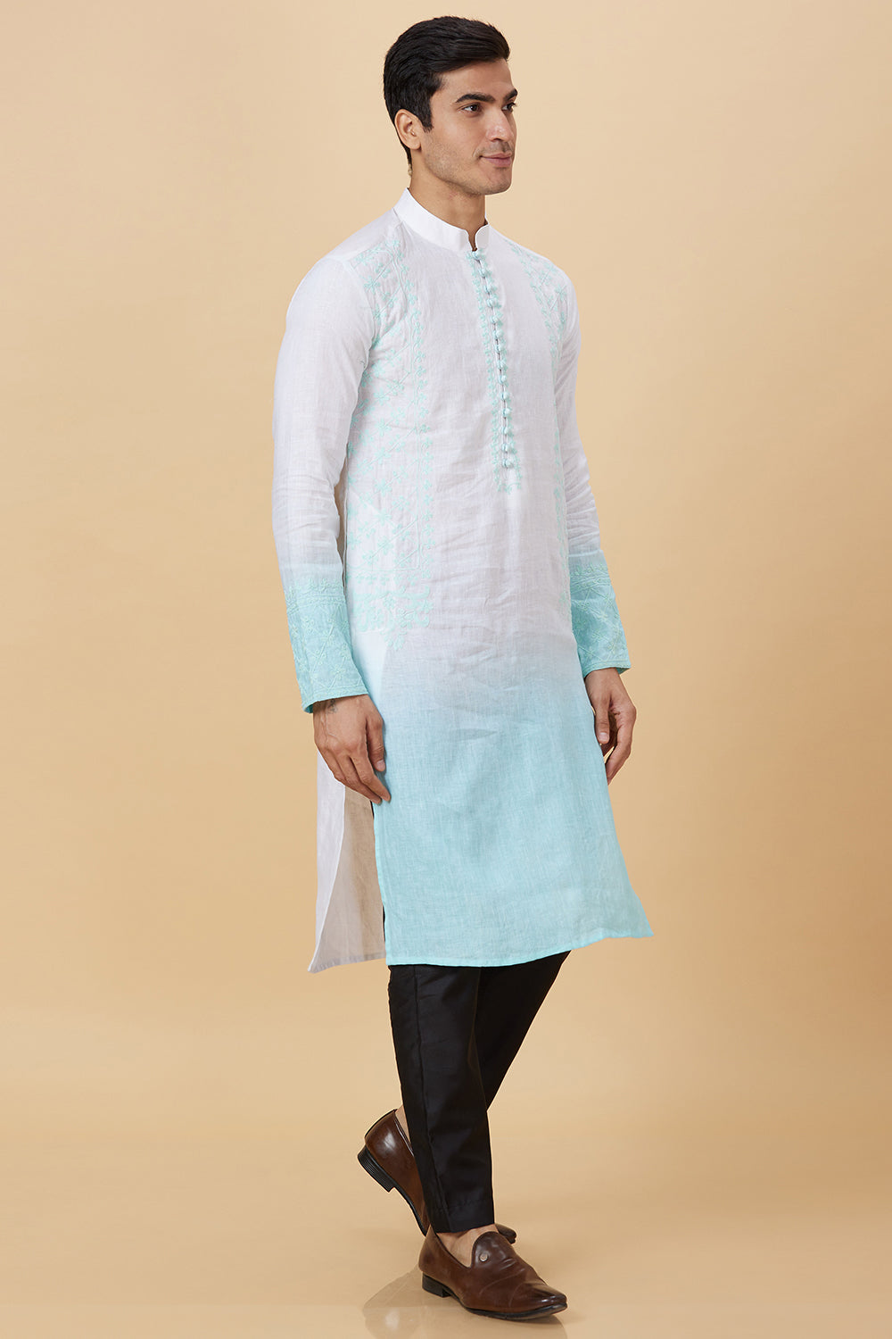 Kurta with hand Embroidery on Placket and sides with white/blue ombre