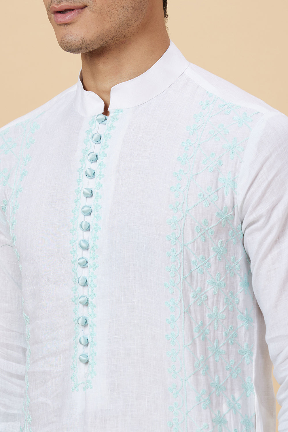 Kurta with hand Embroidery on Placket and sides with white/blue ombre