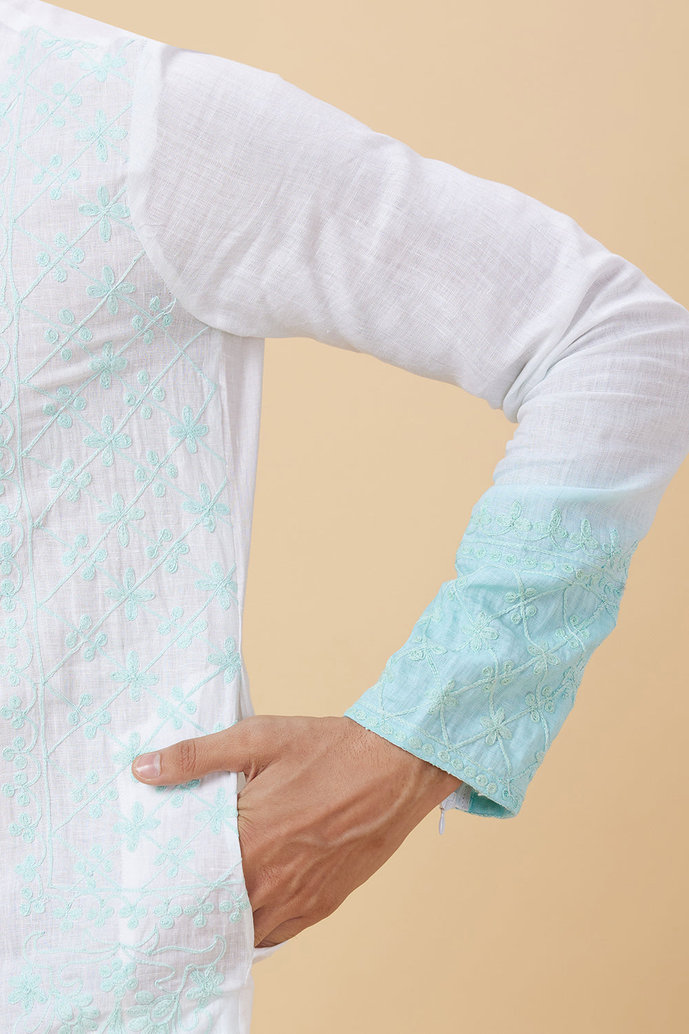 Kurta with hand Embroidery on Placket and sides with white/blue ombre