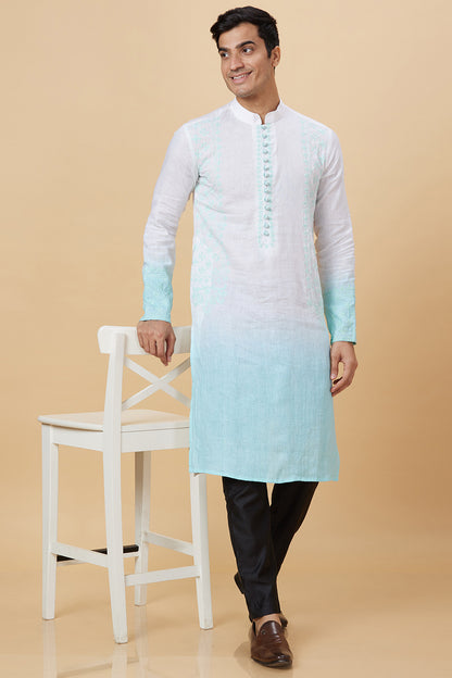 Kurta with hand Embroidery on Placket and sides with white/blue ombre