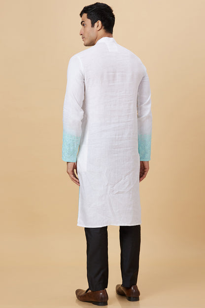 Kurta with hand Embroidery on Placket and sides with white/blue ombre