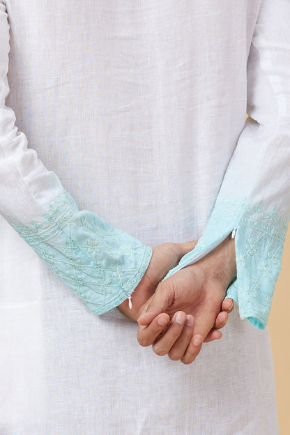 Kurta with hand Embroidery on Placket and sides with white/blue ombre