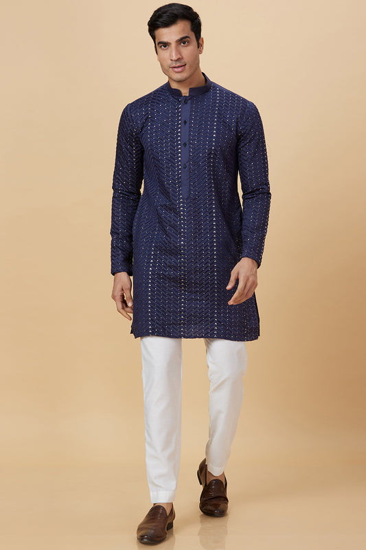 Kurta Navy Zig Zag Sequence Embroidery