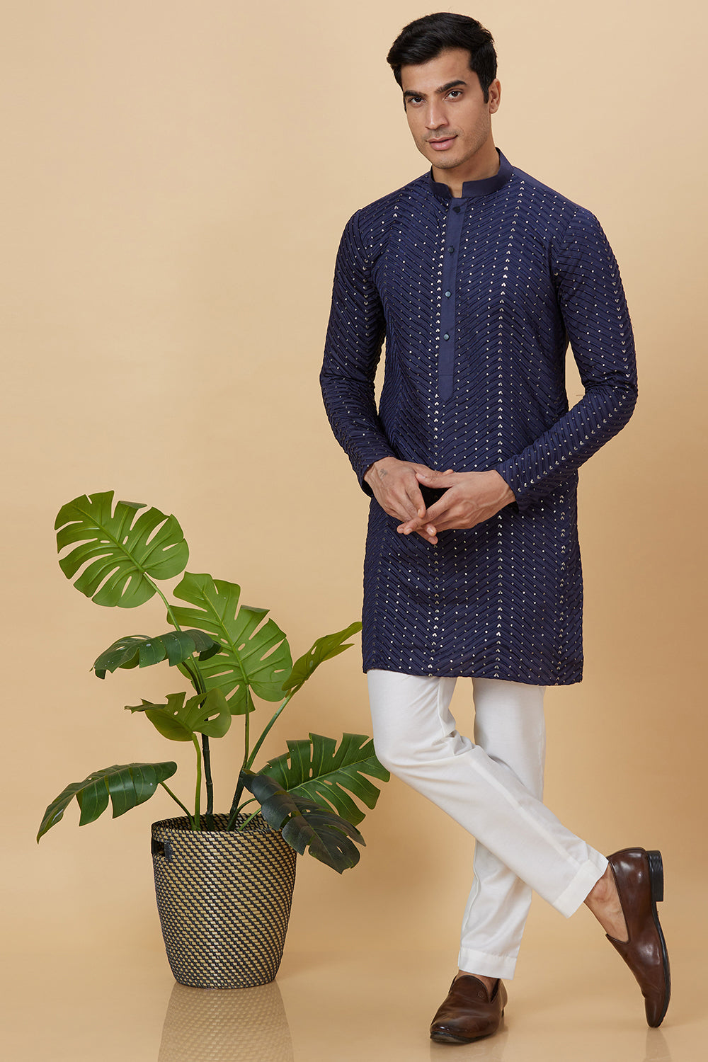 Kurta Navy Zig Zag Sequence Embroidery