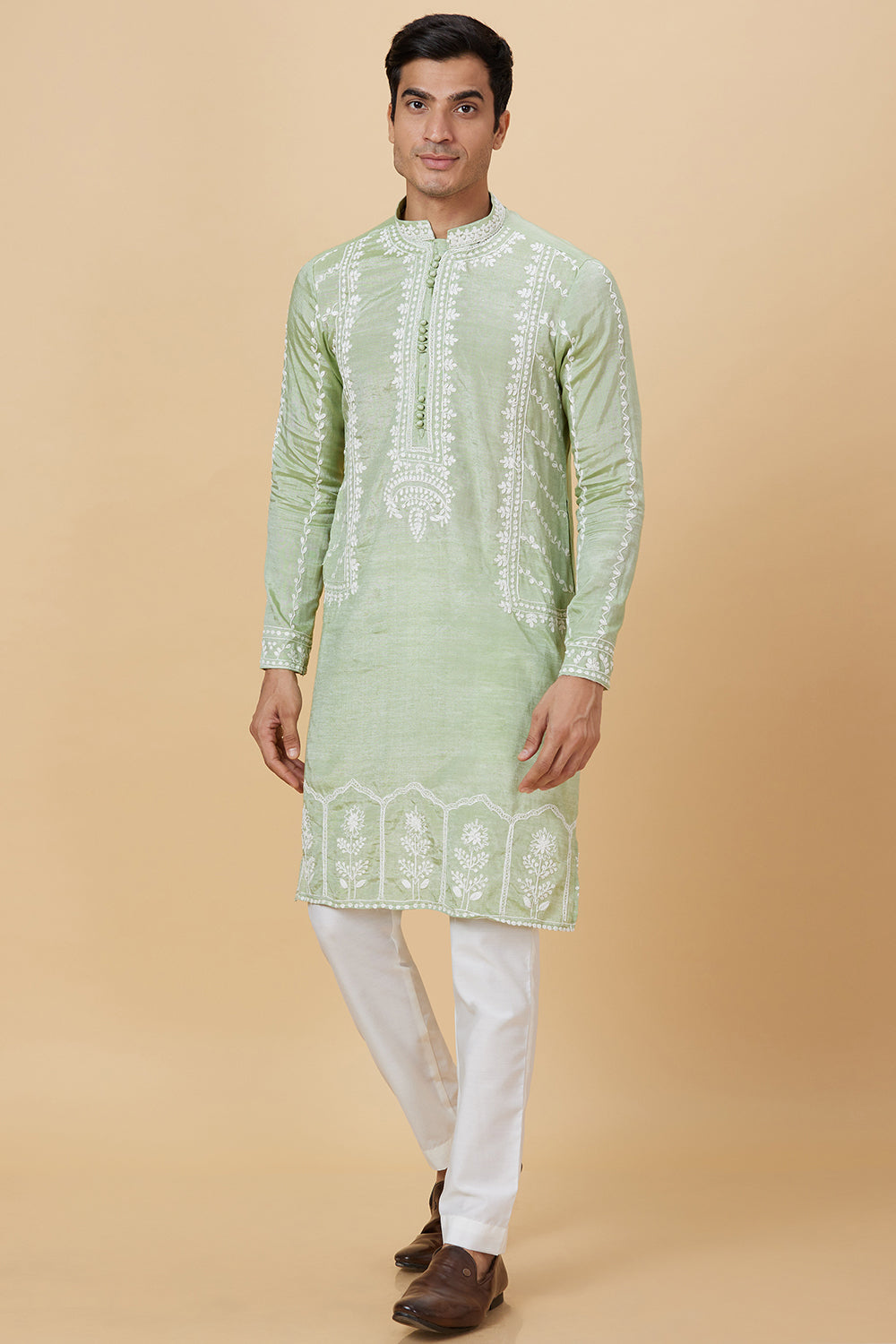 Khadi Kurta Sage Green with white thread Embroidery