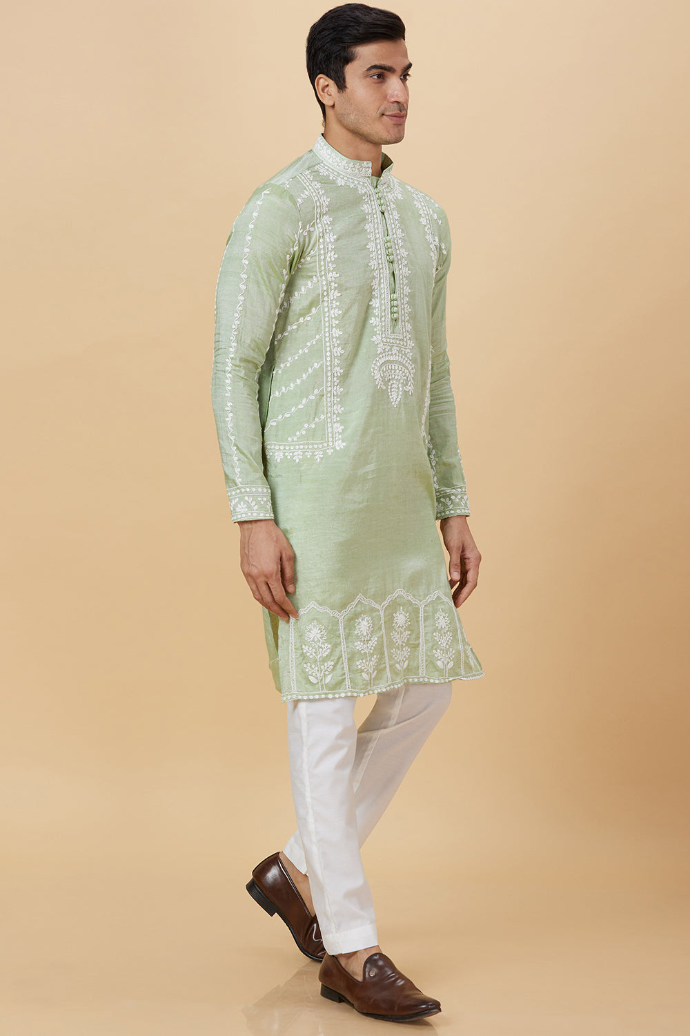 Khadi Kurta Sage Green with white thread Embroidery