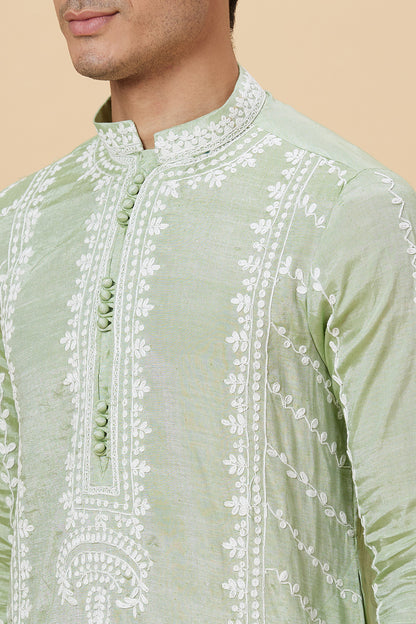 Khadi Kurta Sage Green with white thread Embroidery