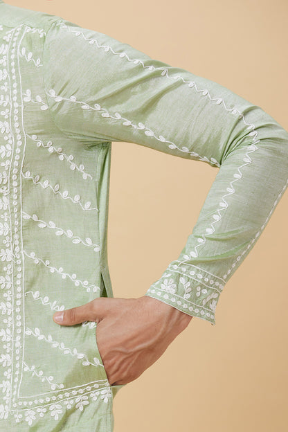 Khadi Kurta Sage Green with white thread Embroidery