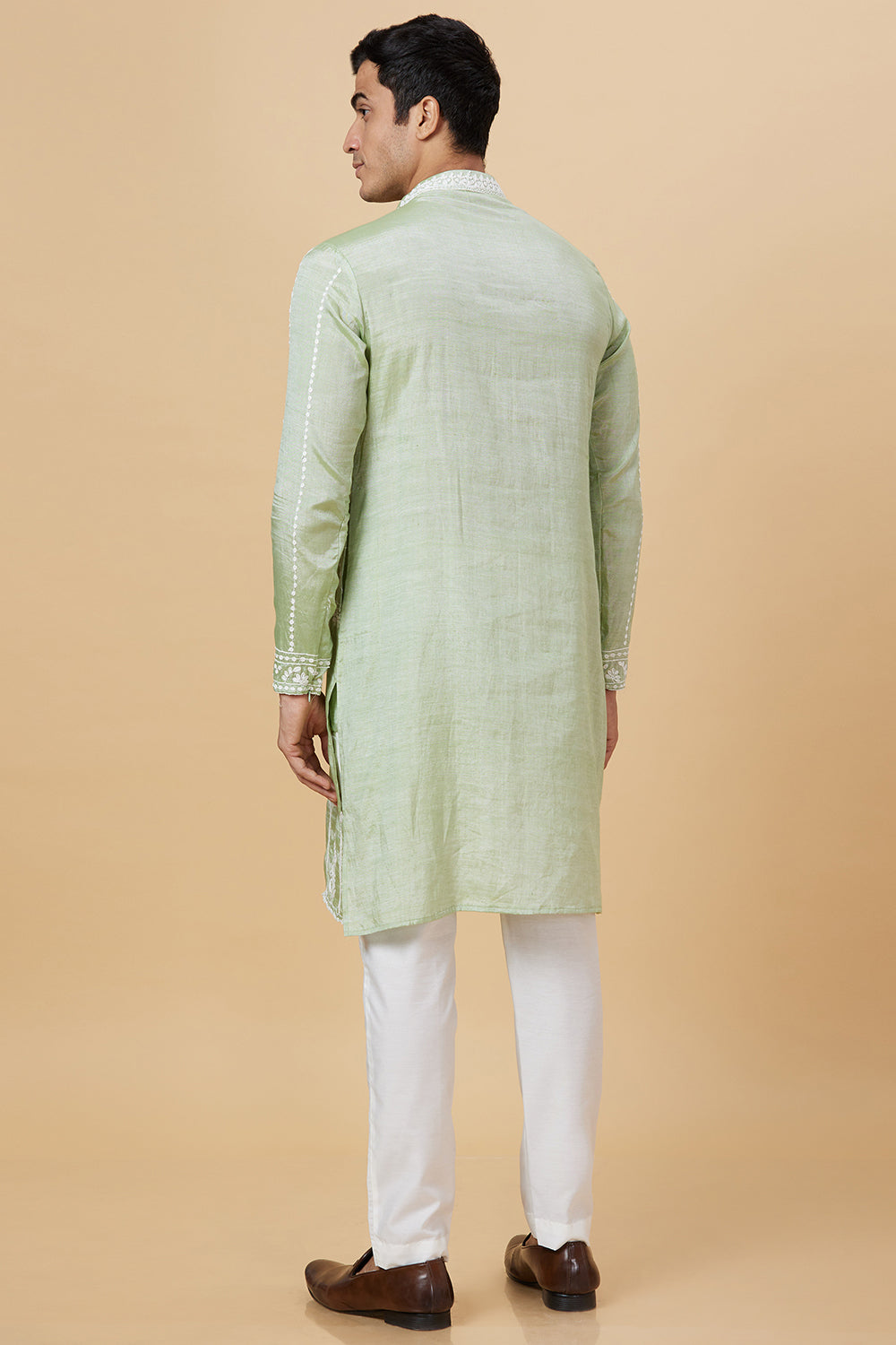 Khadi Kurta Sage Green with white thread Embroidery