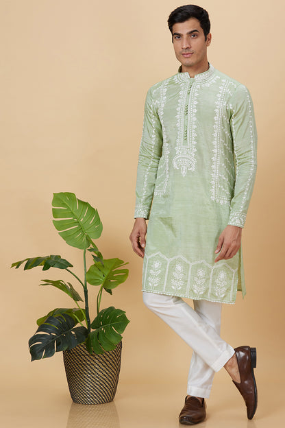 Khadi Kurta Sage Green with white thread Embroidery