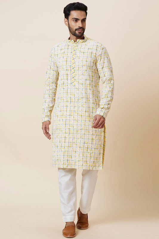 Kurta Linen Yellow Checks Floral Embroidery