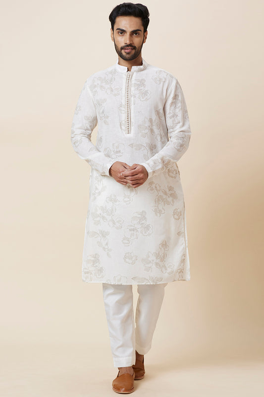 Kurta Linen Floral Offwhite