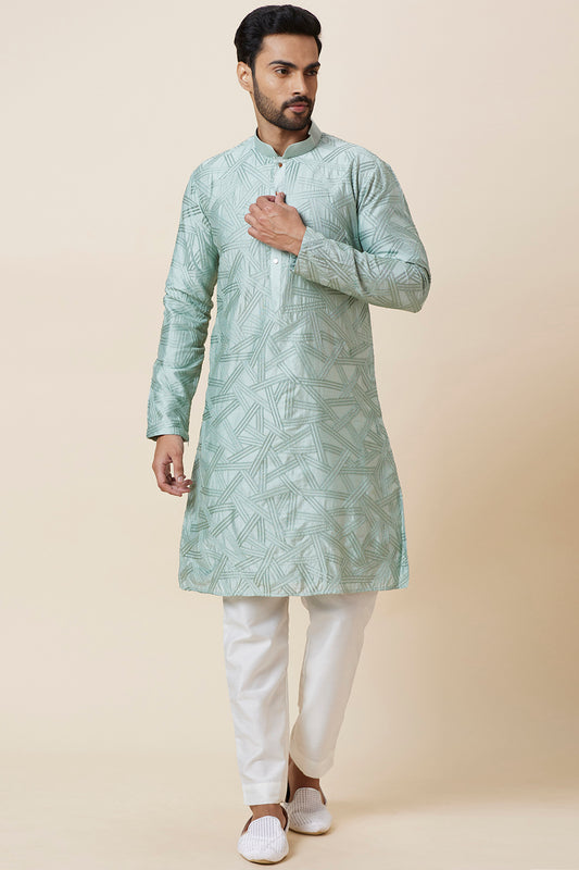 Kurta Sage Colour Geometrical full Embroidery