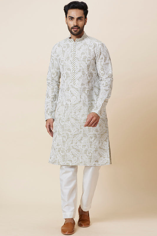 Kurta Linen Green Small Checks Floral Emb